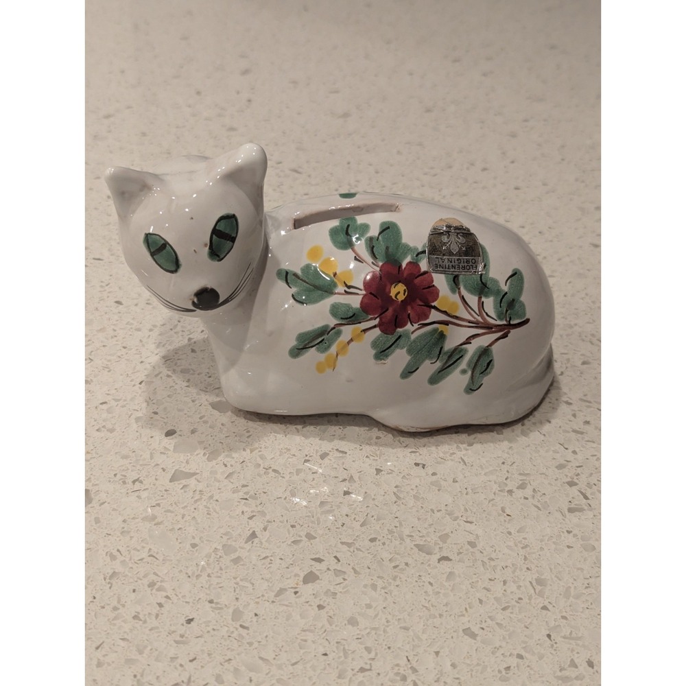 Vintage Mid Century Italian Art Pottery White Cat Terracotta‎ Piggy Bank Flowers